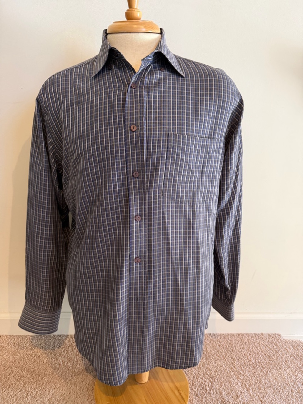 Bugatchi Men's Navy and Gray Checked Button-Down Shirt